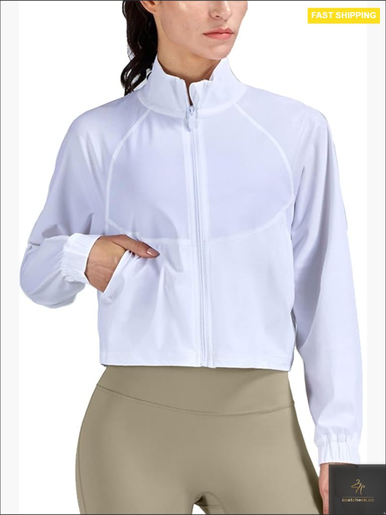 Cropped Zip Up Track Jacket Relaxed Fit Long Sleeve Upf 50+ Sun Protection Side